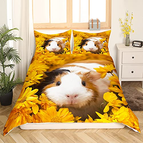 Tbrand Kinder Meerschweinchen Betten Set Sonnenblume Bettbezug Set für Kinder Jungen Mädchen Süße Meerschweinchen Blüte Blumen Bettwäsche Set 135x200cm Botanische Zweige Tierdekor Raumdekor