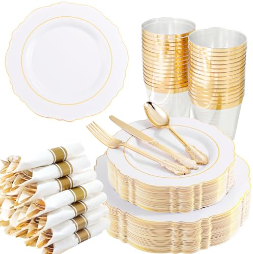 Liacere 350PCS Gold Plastic Plates-Disposable White and Gold Plates 50guest Baroque Plastic Dinnerware include 100Plates, 50Pack Pre Rolled Napkins with Silverware 50Cups for Wedding & Mothers Day