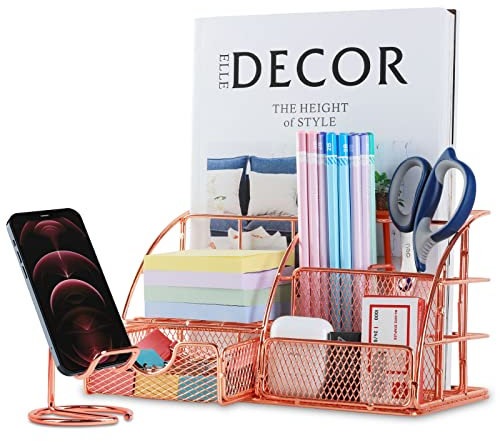 Schreibtisch Organizer mit Telefonständer, 6 Fächer - Schublade enthalten, Metall Mesh Schreibtisch Tidy Desktop Organizer für Home Office Supplies, Rose Gold