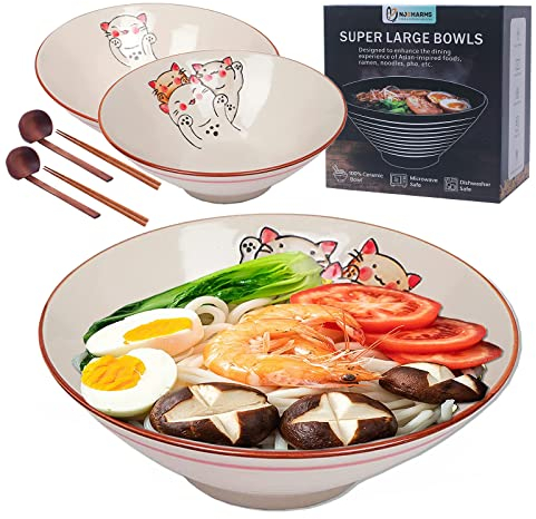 NJCHARMS Ceramic Japanese Ramen Noodle Soup Bowl, 2 Sets (6 Piece) 42 Ounce, with Matching Spoon and Chopsticks for Udon Soba Pho Asian Noodles (8 inch, Beige)