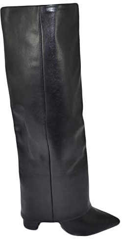 Stivali donna alti neri a punta con risvoltone para pelle fino a terra tacco largo 10 cm moda luxury (41 EU)