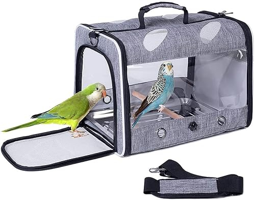Interfashioner® Vogeltrage für Reisen, transparente Vogelbox mit Metallschale und Stehstange für Sittiche, Papageien, Wellensittiche, Nymphensittiche (grau)