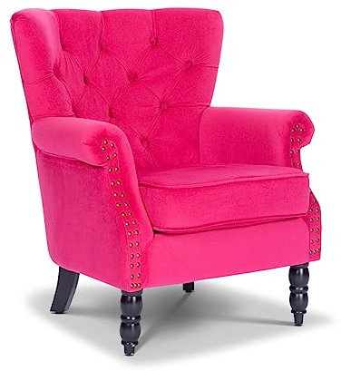 Pink Velvet Chesterfield Armchair – Elegant Wingback Arm Chair with Scroll Arms, Tufted Velvet Occasional Chair for Bedroom or Office – Stylish Pink Accent Chair and Comfortable Living Room Seat