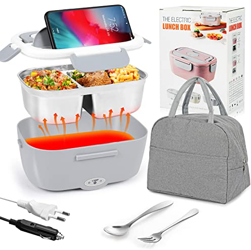 GuKKK Scaldavivande Elettrico Portatile, 80W 1.5L Elettrico Lunchbox, Scaldavivande Portatile con Borse Lsolate, 220V/12V/24V Scalda Vivande Portatile Elettrico per Auto Camion Ufficio e Lavoro