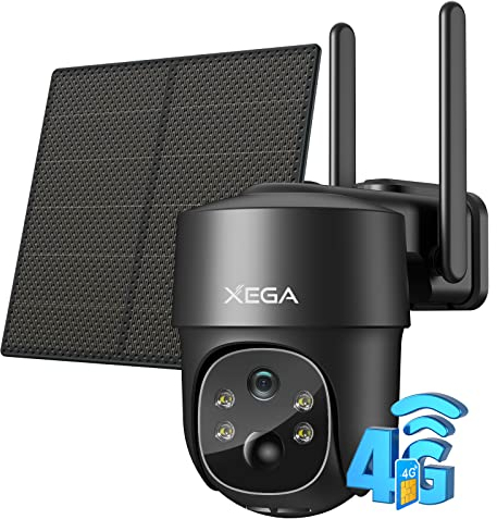 Xega 4G LTE Cámara Vigilancia Exterior con Sim, Camara 4G Solar Sin Cable con Batería 2K HD PTZ 355°/90°, Visión Nocturna, Detección De Movimiento, Almacenamiento Local & Cloud, IP66