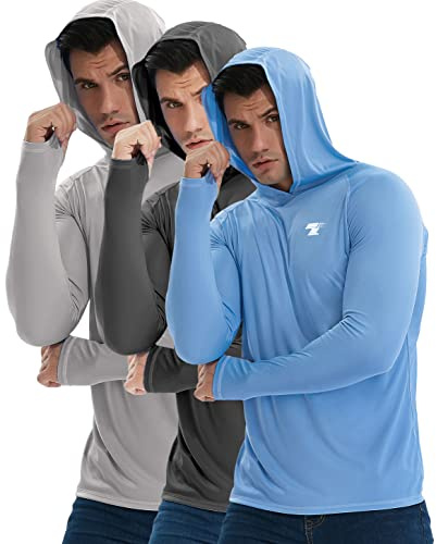TELALEO 3 Pack Men's UPF 50+ Sun Protection Lightweight Hoodie Performance Long Sleeve SPF UV Shirt for Fishing Running L