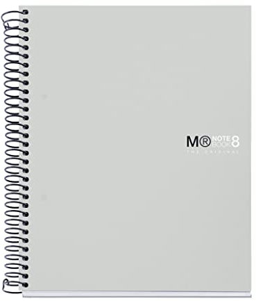 Miquelrius - Cuaderno Notebook The Original, 8 franjas de colores, Cubierta polipropileno opaco, Tamaño A5 (148 x 210 mm), 2 Taladros, 200 Hojas de 70 g/m², Cuadrícula de 5 mm, Color Gris