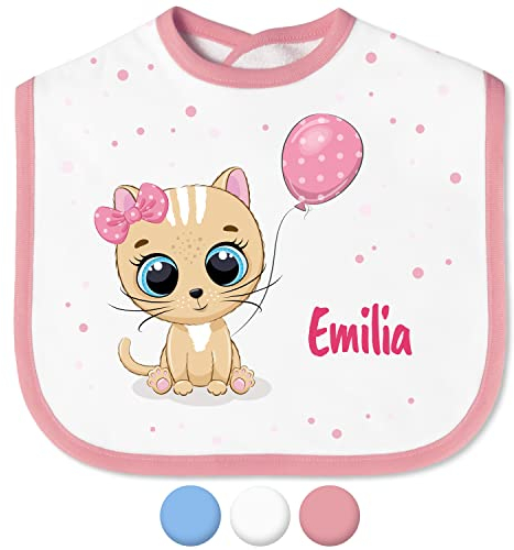 Babylätzchen mit Namen für Mädchen & Jungen – Lätzchen für Baby & Kleinkind personalisiert - mit Klettverschluss – Spucktuch Latz Kinderlätzchen - Geschenk für Kleinkinder (Katze, Schleife, Rosa)