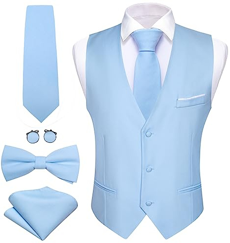 Barry.Wang Chaleco formal para hombre, cuello en V, ajustado, casual, color sólido, corbata de moño, para boda, fiesta, traje de esmoquin