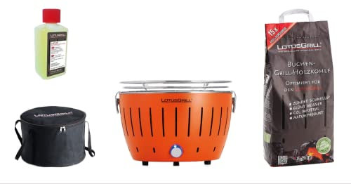 LotusGrill Classic Arancio Starter-Set, 1 griglia, 1 carbone di faggio da 2,5 kg, 1 pasta combustibile da 200 ml, 1 borsa per il trasporto (Arancia)