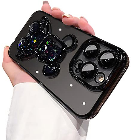 MANLENO Electroplated 3D Bear for iPhone 15 Pro Max Case for Women Glitter Floating Liquid Quicksand Case with Camera Protector Slim Shockproof Full Body Protective Case (Black)
