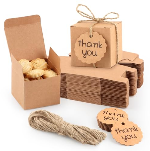 50 Stück Kraftpapier Tüten Hochzeit Gastgeschenk Katonage Box Geschenkboxen Geschenkverpackung 5X5X5cm mit Juteschnur und Karten für Süßigkeiten, Nuss, Konfetti, Kreatives Heimwerken - Dankeskarte