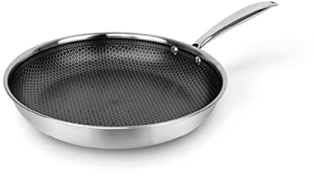 Qdesign - Poêle en Acier Inoxydable Triply 28 cm - Revêtement Nid d'Abeille Antiadhésif - Cuisson Saine, avec Peu de Matières Grasses - Anti-Rayures - Argenté