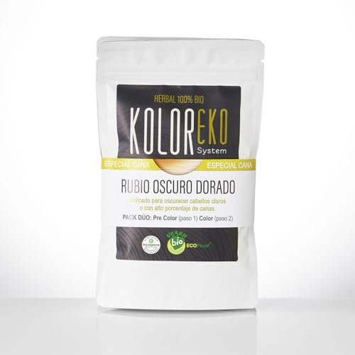 KOLOREKO Tinte natural RUBIO OSCURO DORADO - Pack DÚO especial canas - precolor CENIZA + tinte RUBIO DORADO