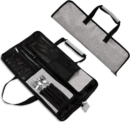 Chef Knife Roll Bag,Heavy Duty Oxford Knife Bag with 13 Slots,Easy Carry Handle and Shoulder Strap, Multi-Function Knives Case for Traveling Camping Hiking (Grey)