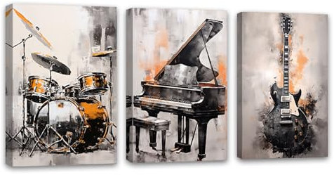 ZQQART Musik Leinwand Wandbild 3 Teilig Klavier Gitarre Trommel Bild Drucke Abstrakt Musikinstrumente Gemälde Kunstwerk Musikzimmer Rahmen(Musik -2,40x60cmx3 Pieces)