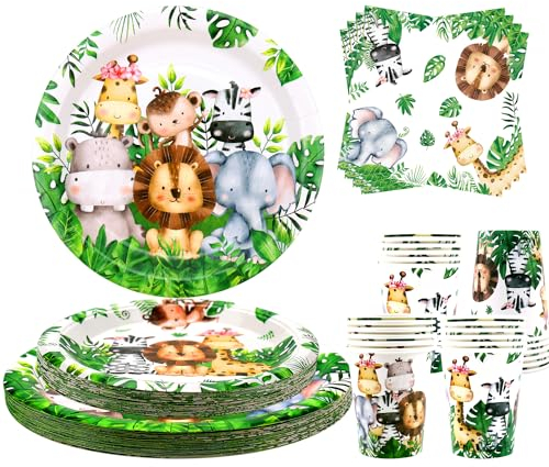 Safari Jungle Birthday Tableware Set - Decorazioni per il compleanno del primo animale selvatico - 20 piatti piani, 20 piatti da dessert, 20 bicchieri, 20 tovaglioli per bambini, ragazzi, feste con