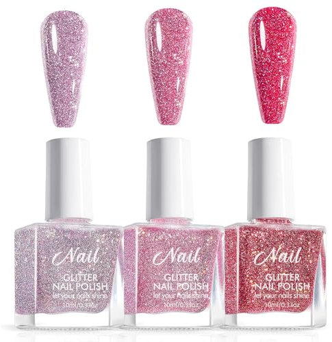 Glitter Nail Polish Set - Quick Dry Flash Shinny Pink Series, No Need UV Nail Varnish Gift for Women DIY Home Manicure Polish - 3PCS