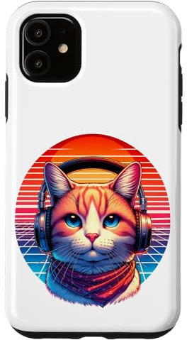 Carcasa para iPhone 11 Pussycat Escuchar música Con Auriculares 80s Vaporwave