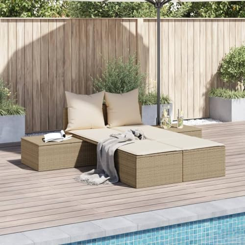 Keyroto Gartensofa Liegesofa 104 x 162 x 30 cm Ausziehbar, Gartensofa Rattan Sofa mit Schlaffunktion, Balkon Lounge Klein Sonnenliege für 2 Personen Doppelliege Sonnenbett Outdoor Bett Beige