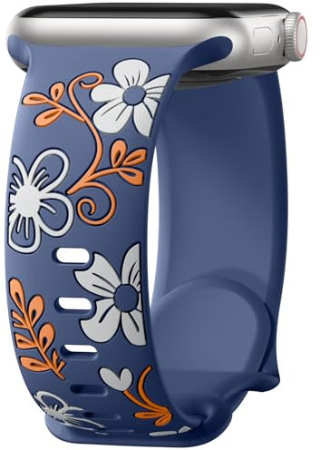 Mastten Correa floral compatible con correas de Apple Watch de 1.654 pulgadas, 1.614 pulgadas, 1.575 pulgadas, 1.496 pulgadas, para mujer, bonita correa deportiva de silicona con incrustaciones