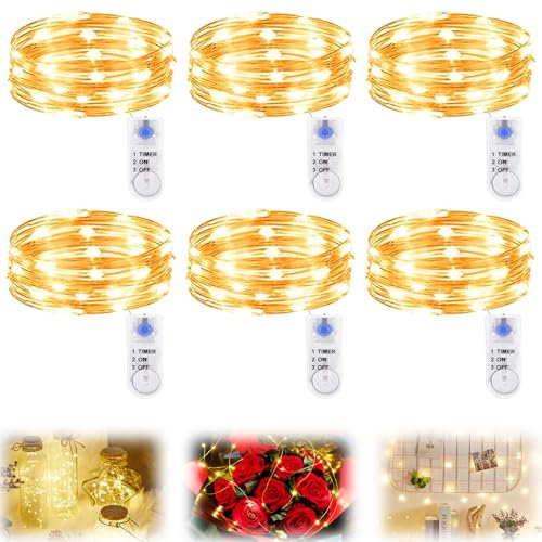 GOMETY LED Lichterkette: 6PCS, Batteriebetriebene Kupferdraht Lichterketten, Timer-Funktion, Wasserdicht, Für Innen/Außen Dekoration (2M, Warmweiß)