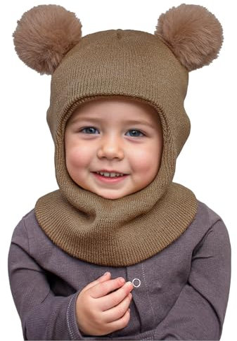 MASOCIO Cappello Passamontagna Bambino Invernale Cappellino PON PON Bimbo Neonato Balaclava Caldo Berretti Berretto 12-18 Mesi 2 3 4 5 6 7 Scaldacollo Sciarpa con Cappuccio 1-8 Anni Cachi