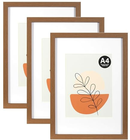 KAIWIN Bilderrahmen A4 Braun 3er Set, 21x29.7cm mit Passepartout 15x20cm, Bilderrahmen Din A4 Holz mit Acrylglas zum Aufhängen und Aufstellen | für Fotos, Poster, Puzzles
