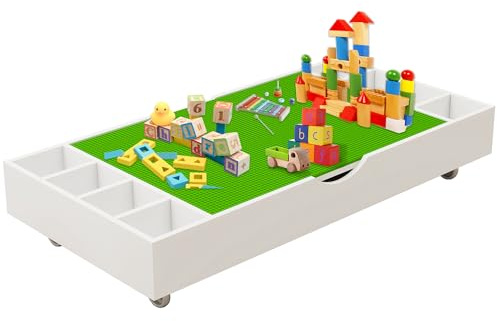 RLRO 2 in 1 Construction Play Table Compatible with Lego, Kids Activity Table with Storage and Wheels Building Bricks Play Table for Toddlers & Adults, Suitable for Storing Under Bed Or Sofa