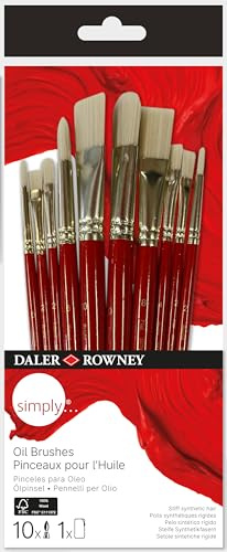 Daler-Rowney, Simply, Oil, Stiff Synthetic Hair, Short Handle, Round, Filbert, Bright, Flat, Multiple sizes, Reuseable Ziplock Pouch, 10 Assorted brushes, Wood, Red