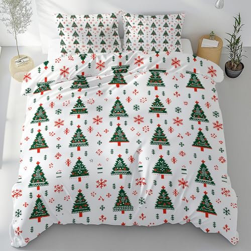 Tyafsgvqo Grün Weihnachtsbaum Bettwäsche 135x200 3 Teilig, Bunt Schneeflocke Bettbezug Mikrofaser Wendebettwäsche mit Reißverschluss, Tannenbaum Bettwäsche Set mit 2 Kissenbezug 80x80 cm