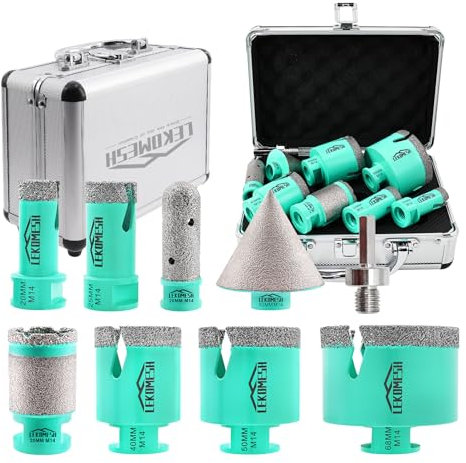 LEKOMESH Tile Hole Cutter Set - (20/25/40/50/68mm/35mm+20mm Finger Bit+50mm Chamfer Bit+HEX Adapter) Diamond Tile Hole Saw Kit for Porcelain Ceramic Marble Brick Concrete,M14 Thread