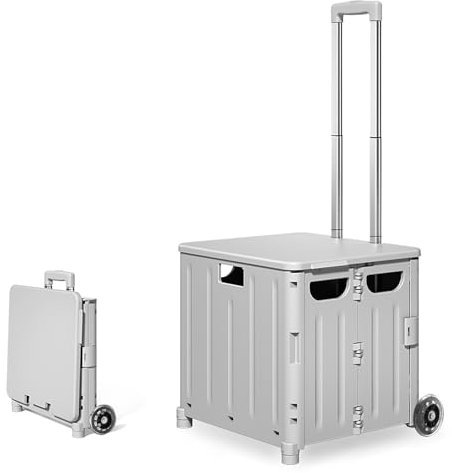 Einkaufstrolley Klappbar, Einkaufskorb mit Deckel 45L Kapazität, Alu Teleskopgriff, Faltbar Shopping Trolley Einkaufswagen, Einkaufskorb Kunststoff mit stabile Rädern, Klappbox Transport Trolley Grau