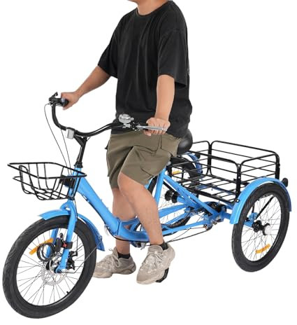 WindWilder 20 Zoll Elektro Dreirad für Erwachsene mit 7-Gang-Schaltung, Klappdreirad höhenverstellbar, 3 Rad Fahrrad mit Shopping Korb vorne und Korb hinten bis 130kg/286 lbs Tragfähigkeit (Blau)