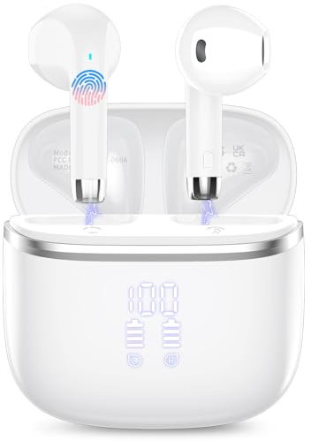 Wireless Earbuds, Bluetooth 5.3 Headphones with 4 ENC Noise Cancelling Mic, HiFi Stereo Deep Bass, 40H Playtime, IP7 Waterproof Bluetooth Earphones, Bluetooth Earbuds Dual LED Display, USB-C, White