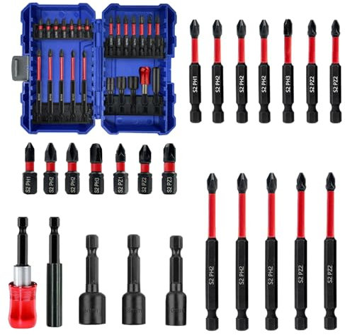 Greywolf Impact Driver Bit Set, 24 Piece 1/4 Impact Driver Bit Set, S2 Magnetic Magnetic S2 Steel Phillips/Slotted/Square/Torx Driver Bits with Retractable Bit Holder and Magnetic Nut Driver