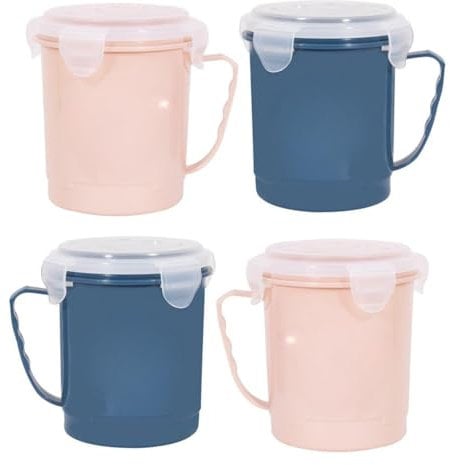 YöL Pack of 4 Microwave Soup Mugs 600ml – With Lid, Handle & Steam Vent – Blue & Cream – BPA-Free, Freezer & Dishwasher Safe – Ideal for Lunch, Meal Prep, Reheating