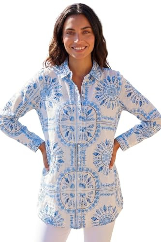 Roman Shirt for Women Ladies Cotton Blouse Button Through Tunic Printed Top Work Long Sleeve Smart Casual Going Out Work Office V Neck Everyday Evening Event - Light Blue - Size 20