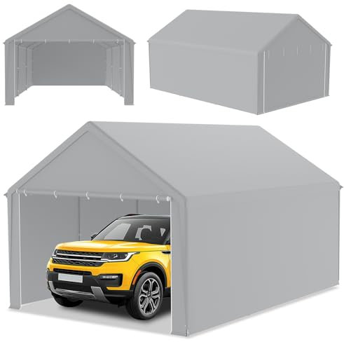 ACXIN Tente de stockage, tente, garage, abri robuste, avec bâche en polyéthylène, résistant aux UV, imperméable aux UV, renforcement de toit et cadre de sol, pour voiture, camion, SUV, gris, 4 m x 6 m