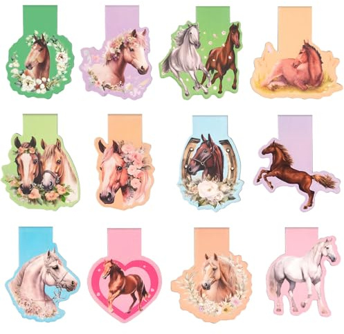 HOTUVEP Magnetische Lesezeichen Pferde, 12 Stück Pferde-Designs Magnet für Mädchen und Jungen - Geschenke für Pferdeliebhaber, Schüler, Buchfans - Mitgebsel Kindergeburtstag