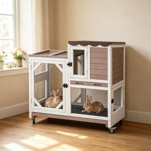 Aivituvin Hasenstall, Kaninchenstall für drinnen und draußen, auf Rädern, 2-stöckig, Holz, Meerschweinchenkäfige mit 2 tieferen herausziehbaren Tabletts (Braun)