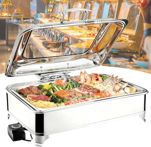 VFDZ Chafing Dish Buffet Elettrico Temperatura Regolabile 30-85℃(FULL PAN) | 9L Professionale Scaldavivande Buffet Elettrico Acciaio Inox per Buffet, Ristoranti, Hotel, con Coperchio Visibile, 400W