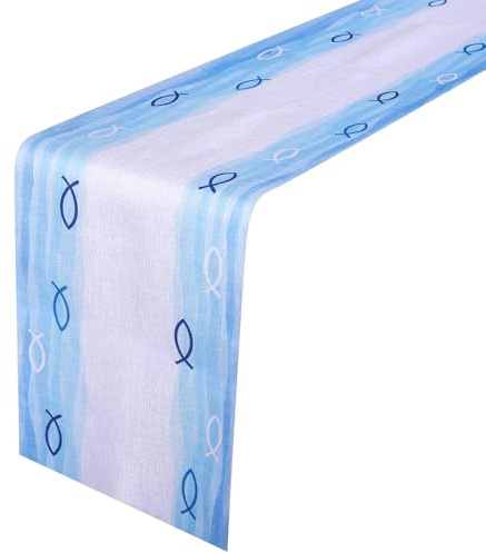 Konfirmation Deko Tischläufer Fisch Tischläufer Hellblau, Tischband Blau Aquarell, Ichthys Kommunion Deko Taufe, Kommunion Dekoration, Tischdeko für religiöse Feiern, Läufer Leinenoptik 270*30 cm