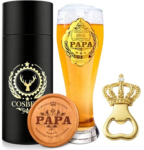 COSBERY Geschenk für Papa zum Geburtstag, Vatertagsgeschenk Geburtstagsgeschenk für Papa, Personalisierte Bierglas mit Gravur 550ml Bier Geschenke für Männer, Geschenk Vatertag