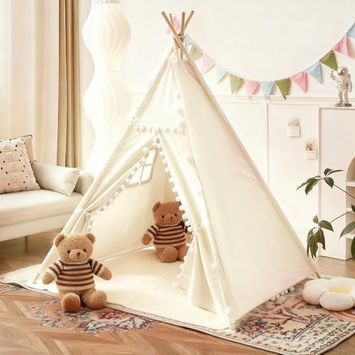 Tipi Zelt für Kinder, Tippi Kinderzelt Indoor/Outdoor, 120x140cm Segeltuch Kinderzelt Tipi Zelt, Spielhaus mit Lichterkette und Aufbewahrungstasche für Drinnen Oder Draußen