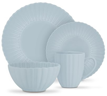 Swan 16 Piece Scallop Edge Stoneware Dinner Set, 4 x Dinner Plates, Side Plates, Bowls, Mugs, Durable, Microwave and Dishwasher Safe, Blue, SWKA1460BLU