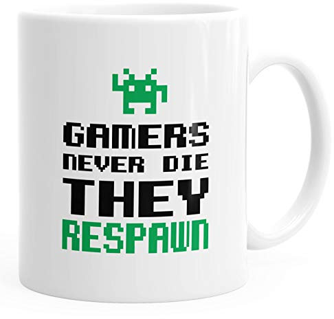 Kaffee-Tasse Gamers never die they respawn Spruch Pixel Zocker 90er 80er Retro MoonWorks® weiß unisize