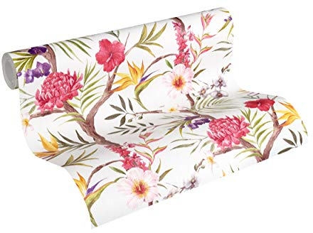 Livingwalls Vliestapete Neue Bude 2.0 Tapete mit tropischen Pflanzen 10,05 m x 0,53 m bunt gelb lila Made in Germany 362021 36202-1