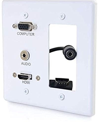 C2G 39877 HDMI, VGA, and 3.5mm Audio Pass Through Double Gang Wall Plate with One Decorative Cutout, White