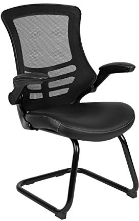 Flash Furniture Empfangsstuhl, Netzmaterial, Kufengestell, mit hochklappbaren Armlehnen, Schaumstoff, Kunstleder, Metall, Kunststoff, Sperrholz, schwarzes LeatherSoft, 1 Stück